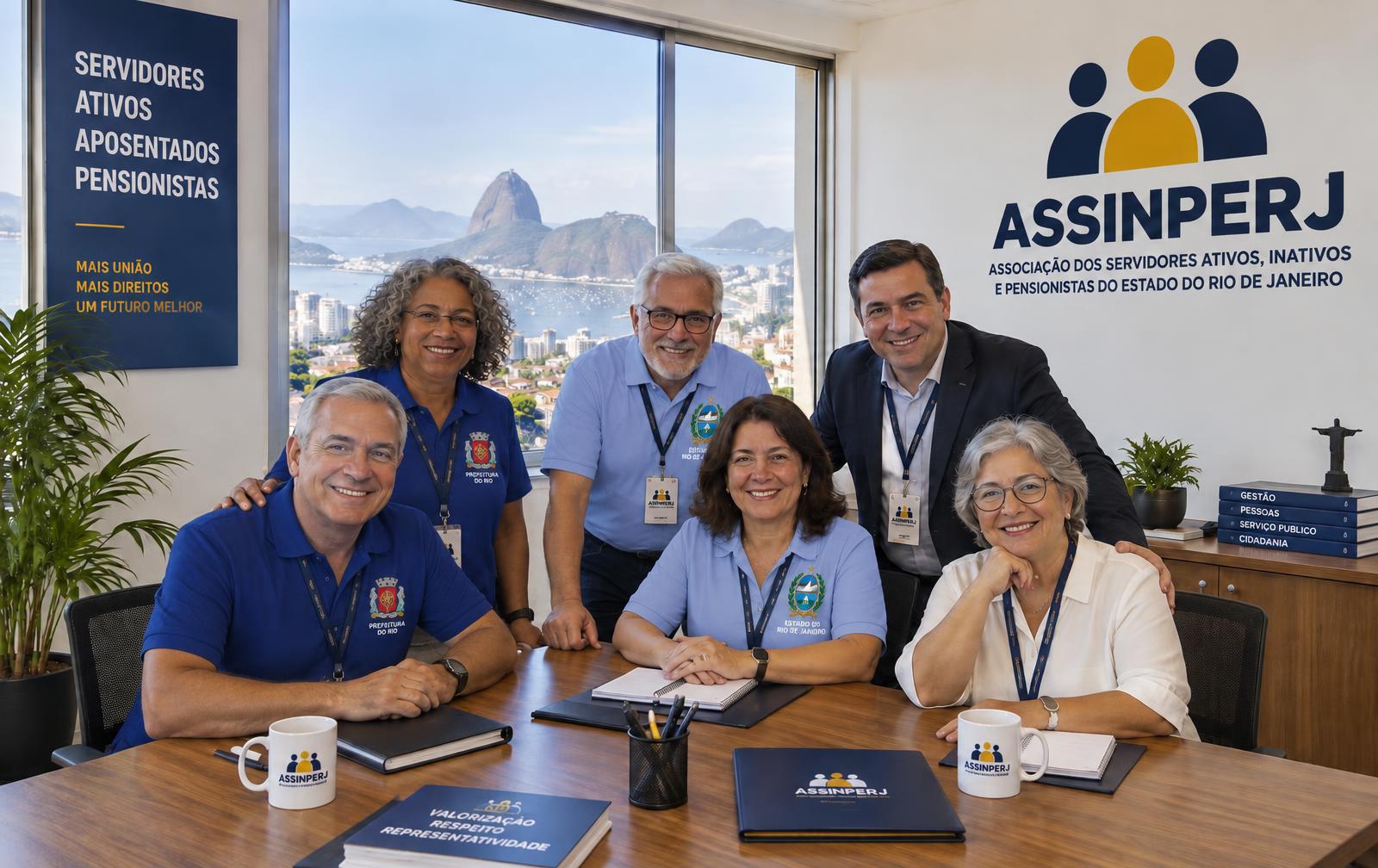 Servidores municipais e estaduais com uniformes e brasões do Rio de Janeiro reunidos na ASSINPERJ